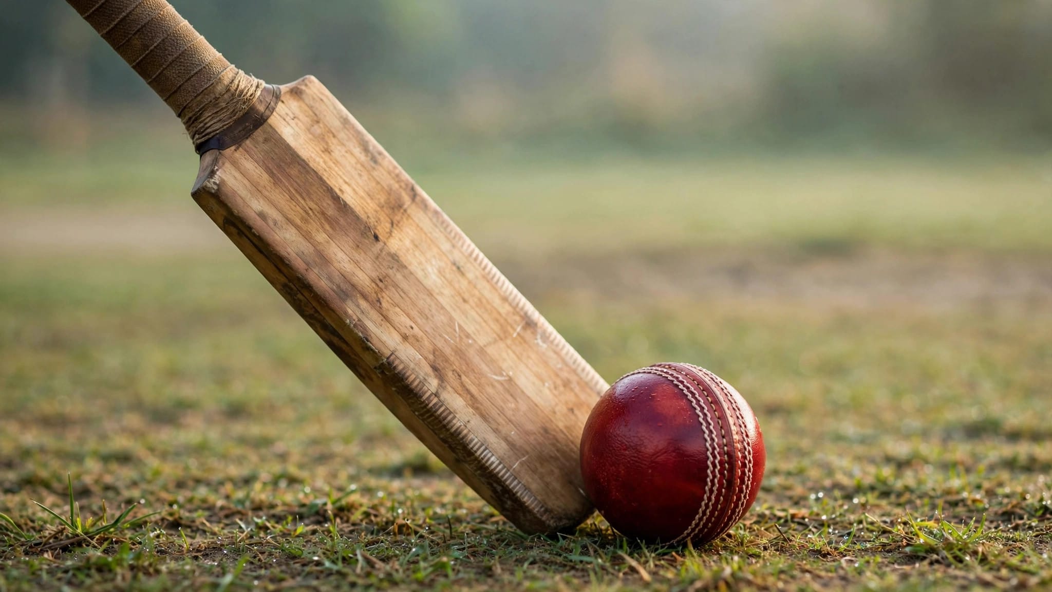 Cricket bat and red leather ball on the pitch